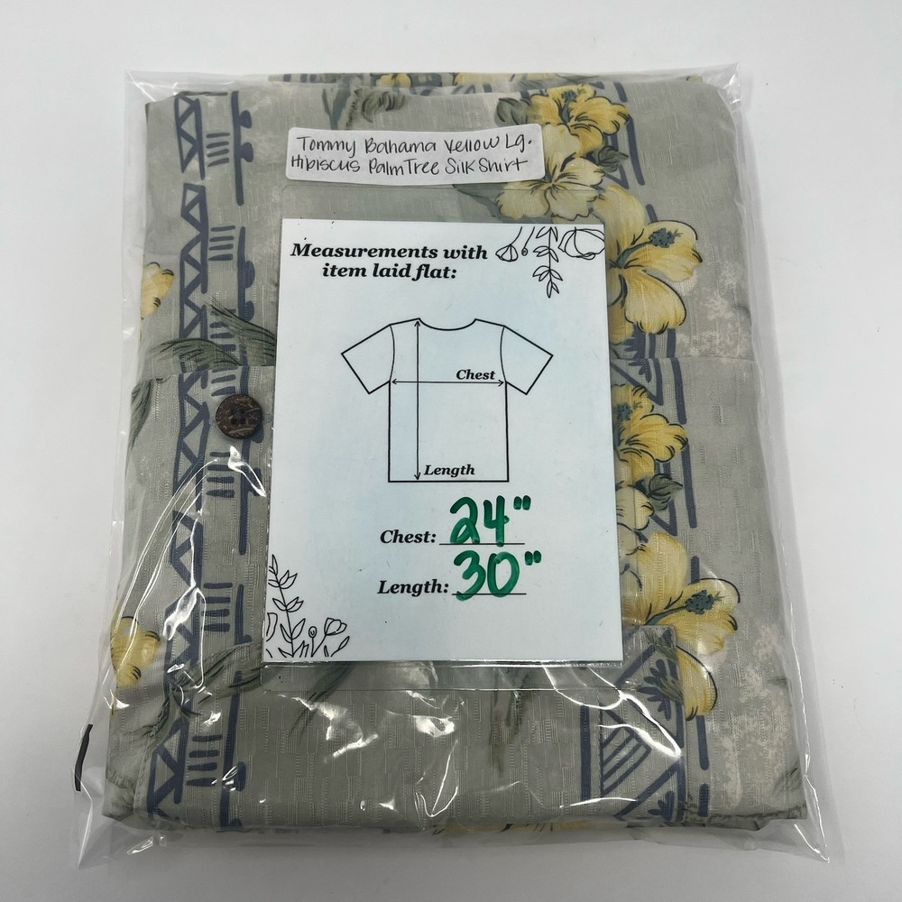 Tommy Bahama Large Yellow Hibiscus Palm Tree Tropical Silk Button Up Camp Shirt - Picture 7 of 7